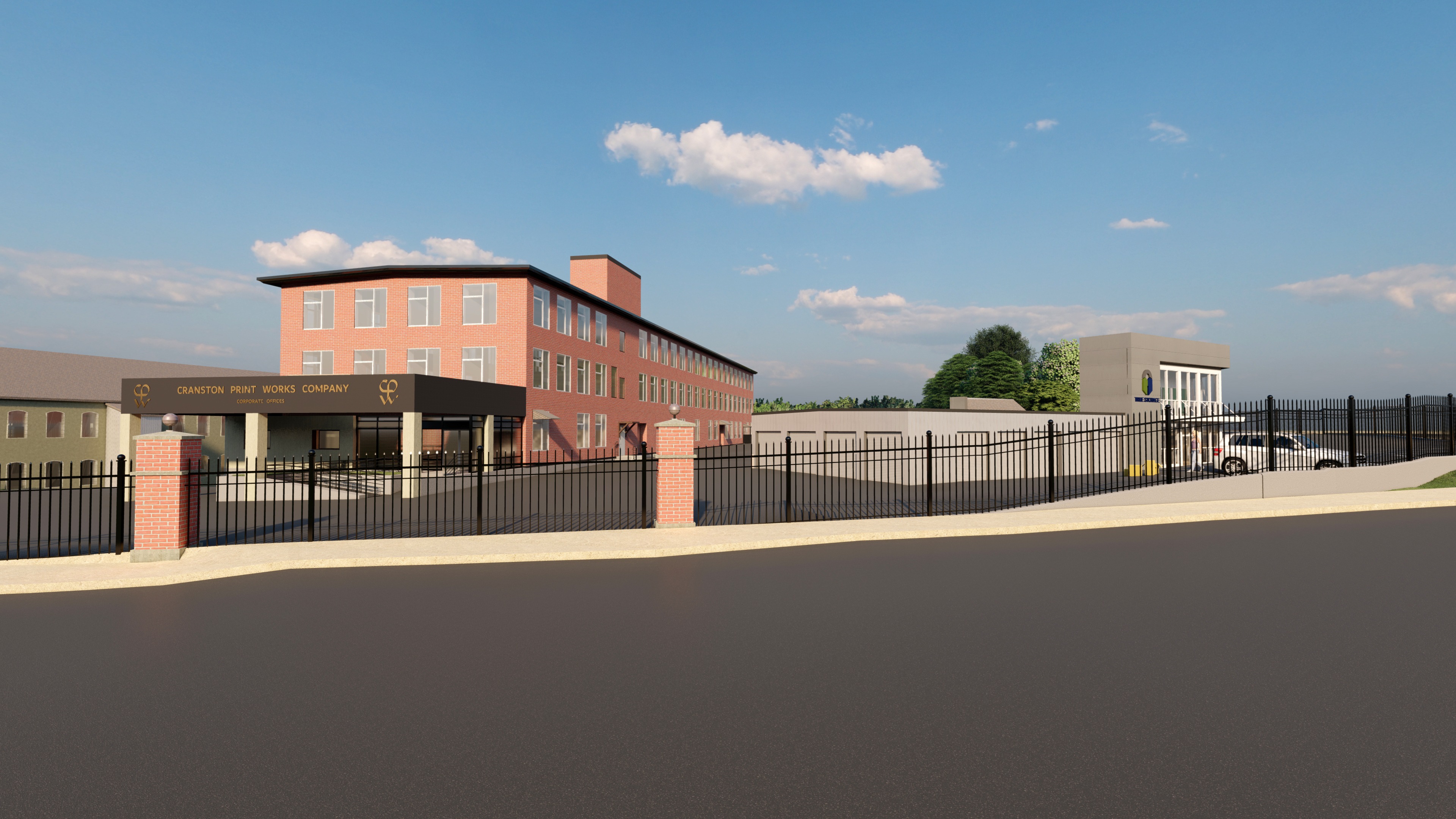 A building with a black fence in front of it.